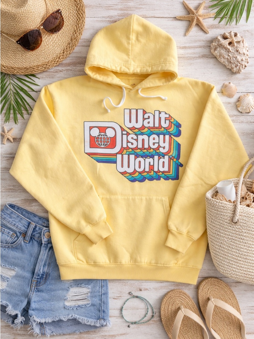 Disney Parks Retro Walt Disney World Hoodie | Yellow Pullover | Size Large